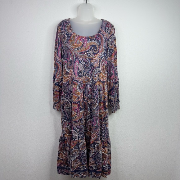Canyon Retreat Dress Womens XL Paisley Long Sleeve Tiered Peasant Boho Cottage - Picture 1 of 8
